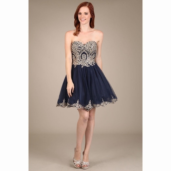 SWEETHEART Navy With Gold Lace Dress - Picture 1 of 6